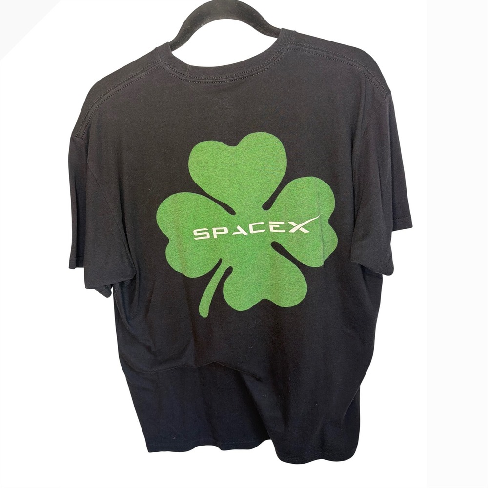 SpaceX Mens Black Graphic T-Shirt Green Four Leaf Clover Logo Size Large L